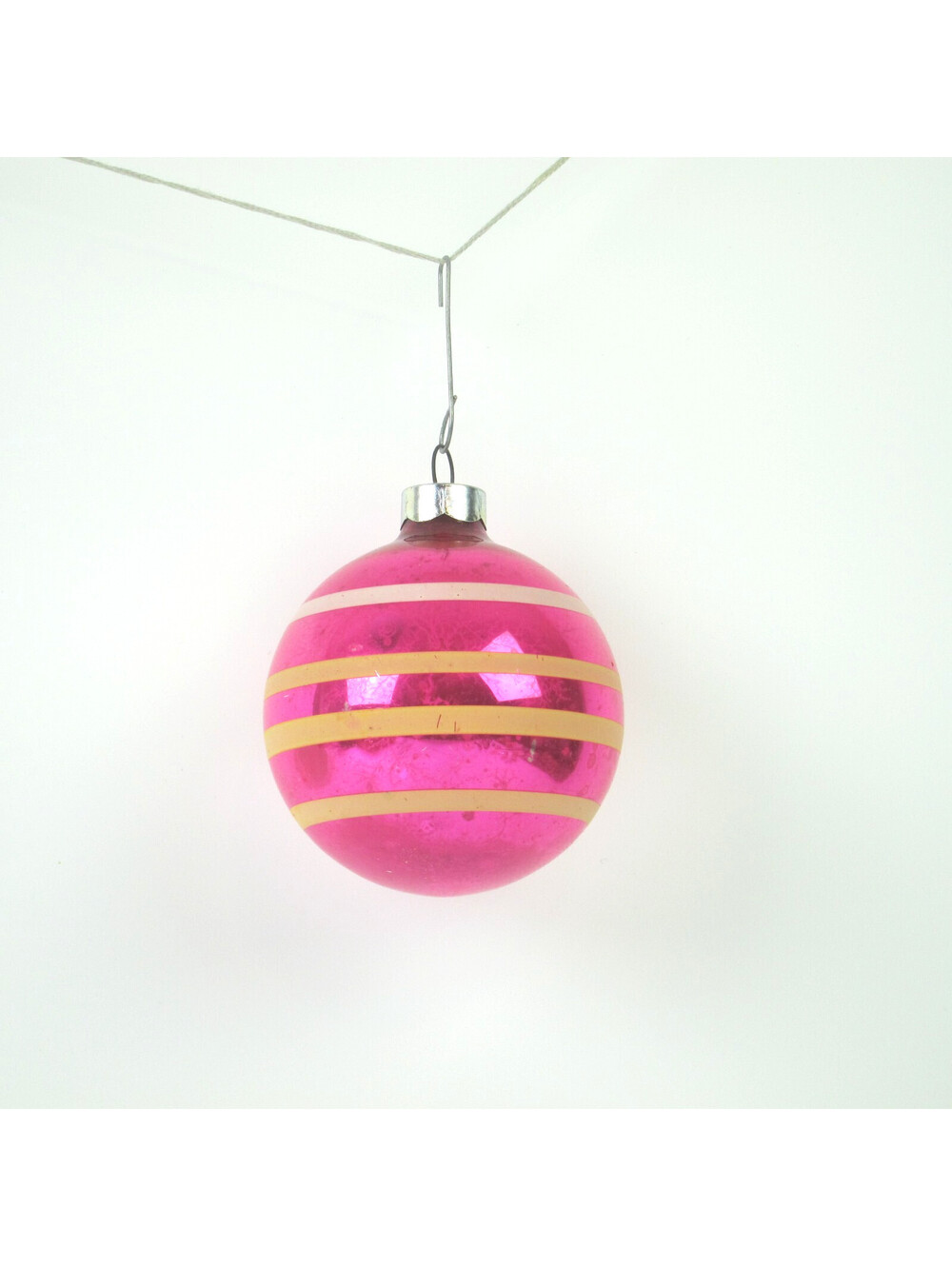 Vintage Glass Christmas Ornament Pink Ball Yellow White Stripes 2.5" Mid-Century